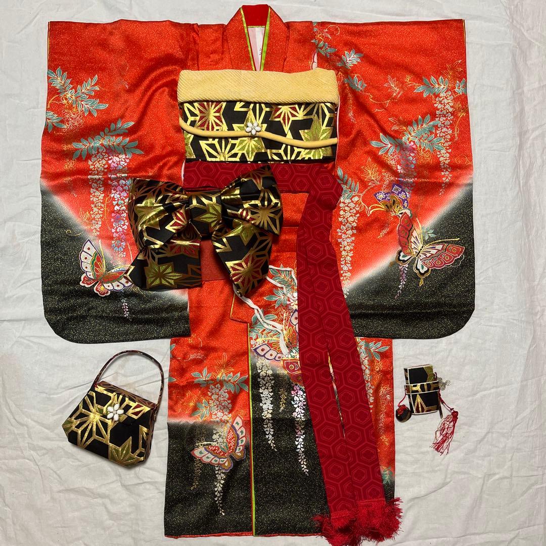 七五三　7歳　作り帯　正絹　赤　黒　蝶々　アンティーク