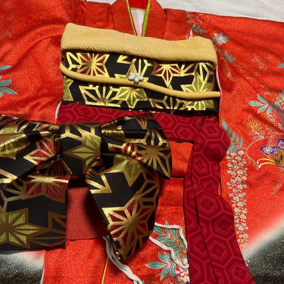 七五三　7歳　作り帯　正絹　赤　黒　蝶々　アンティーク