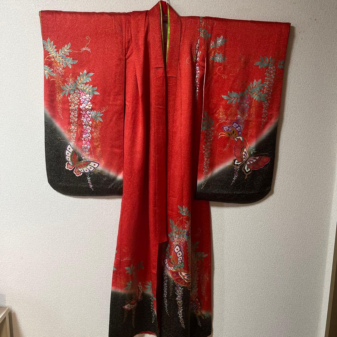 七五三　7歳　作り帯　正絹　赤　黒　蝶々　アンティーク
