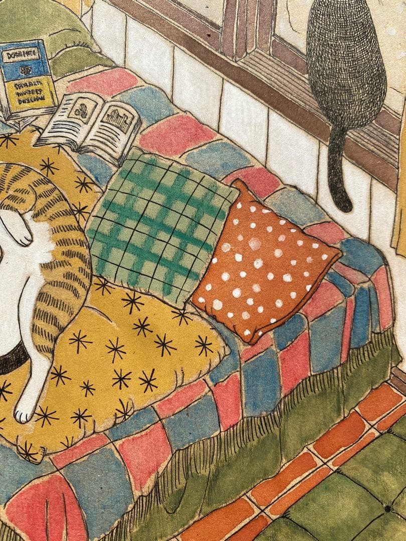 《送料無料》原画「寝室の猫たち」猫イラスト インテリアアート
