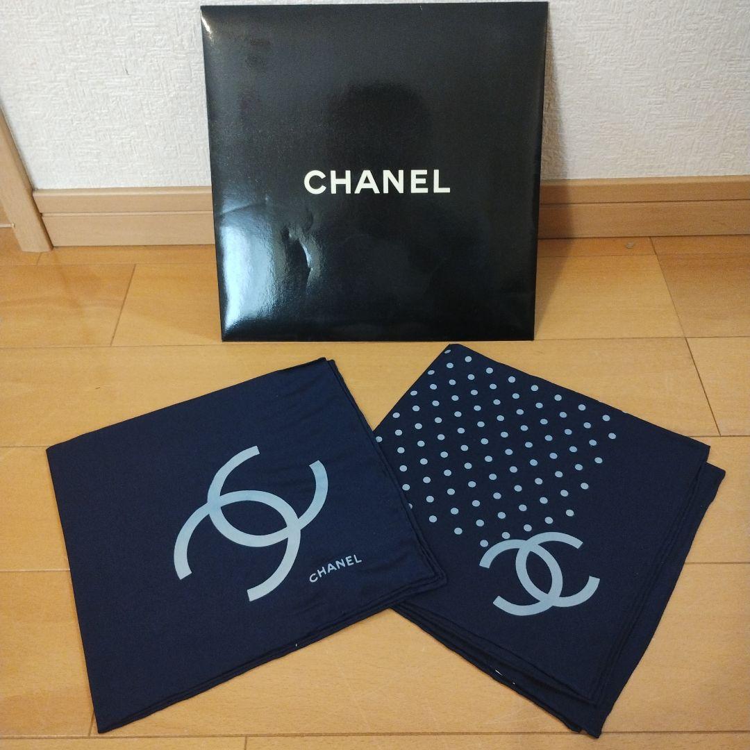 CHANEL シャネル シルク ミニスカーフ2枚ネイビーココマーク 水玉 正方形