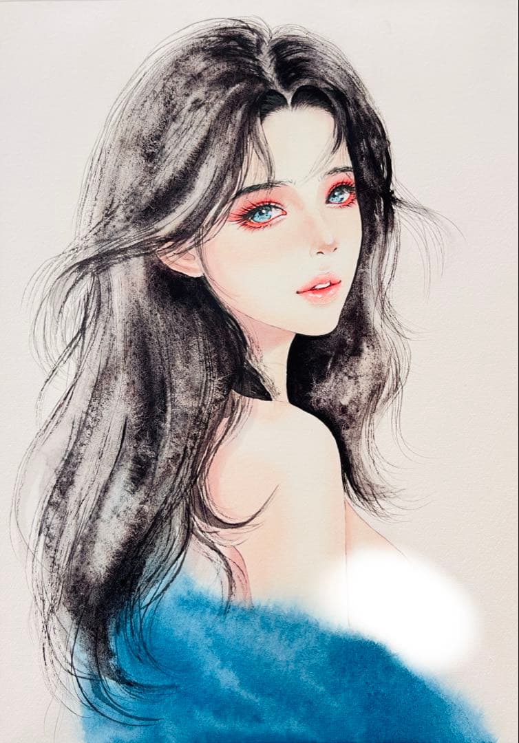 手描きイラスト　水彩原画　ロングヘアの女の子316