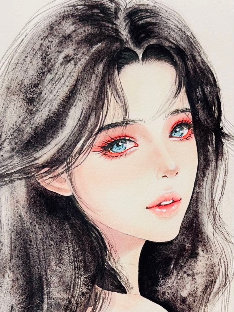 手描きイラスト　水彩原画　ロングヘアの女の子316