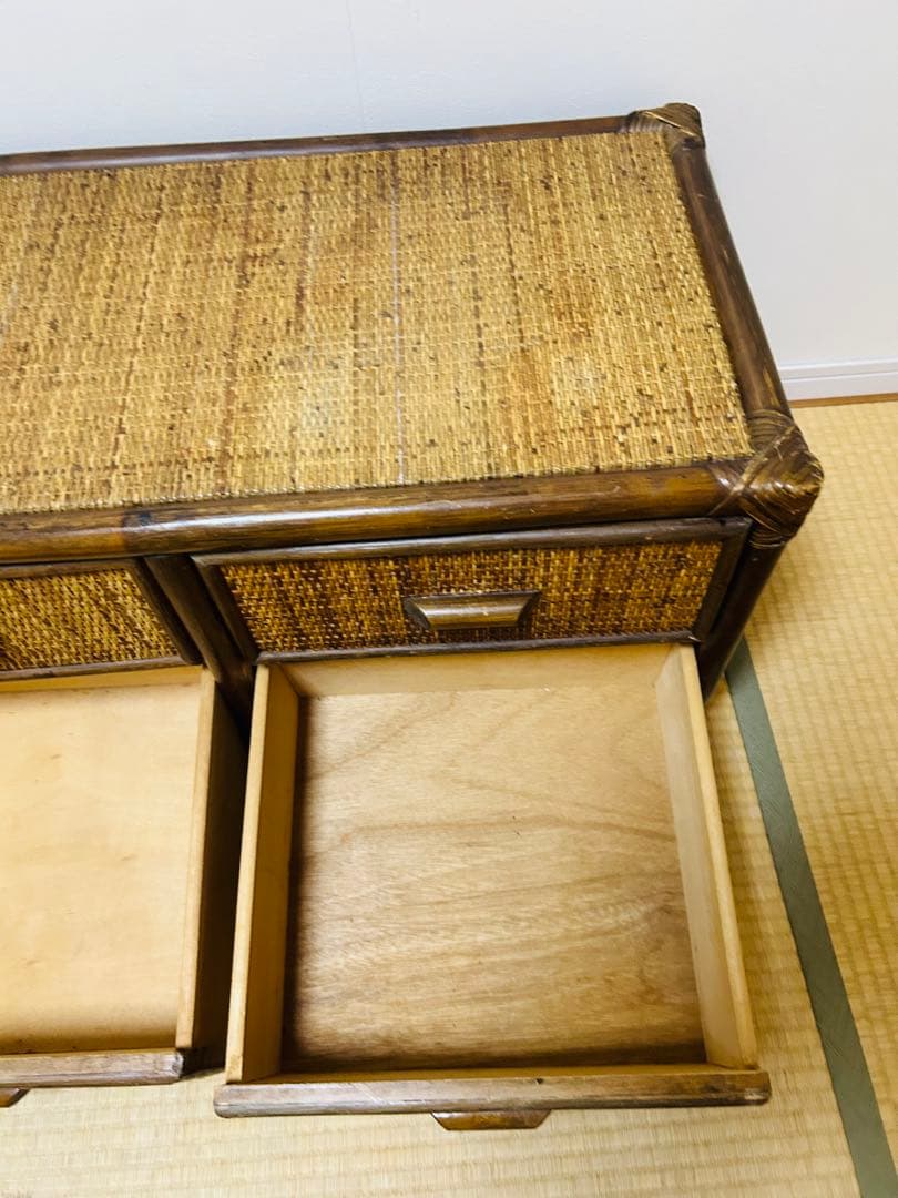 ビンテージ　ラタン製ローボード 6 引き出し付き