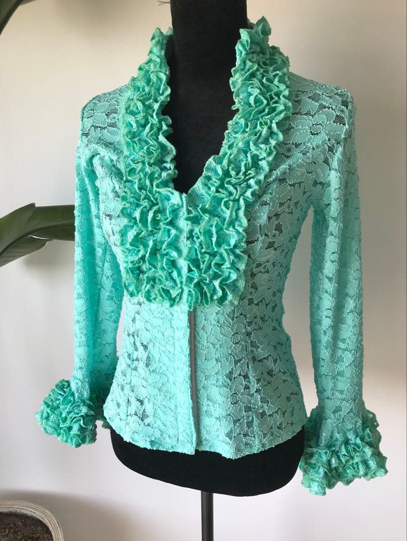 フラメンコ 総レース ブラウス エメラルドグリーン Mサイズ フリル付き