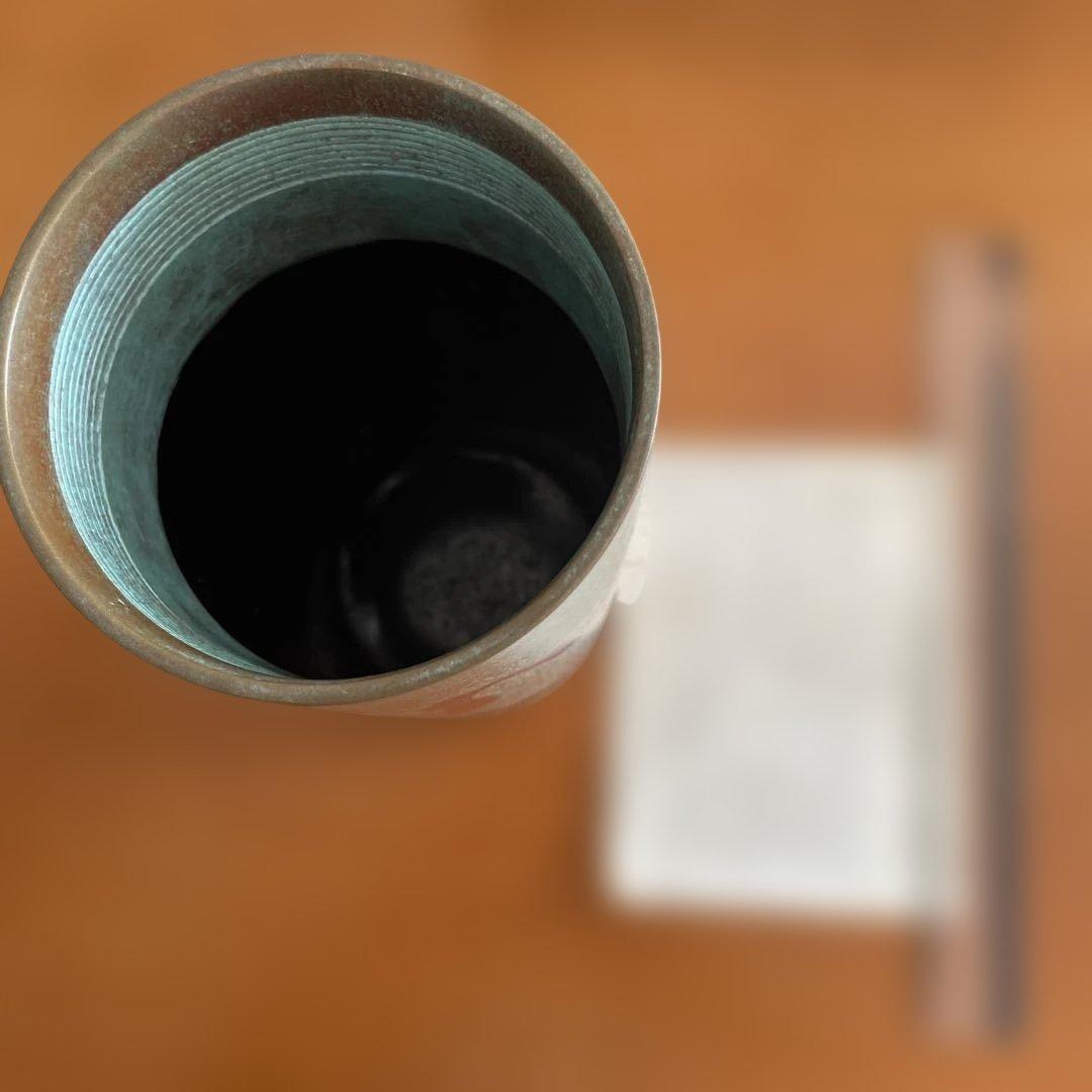 吉野竹治作、瑞雲文本焼色銅器の円筒形花瓶