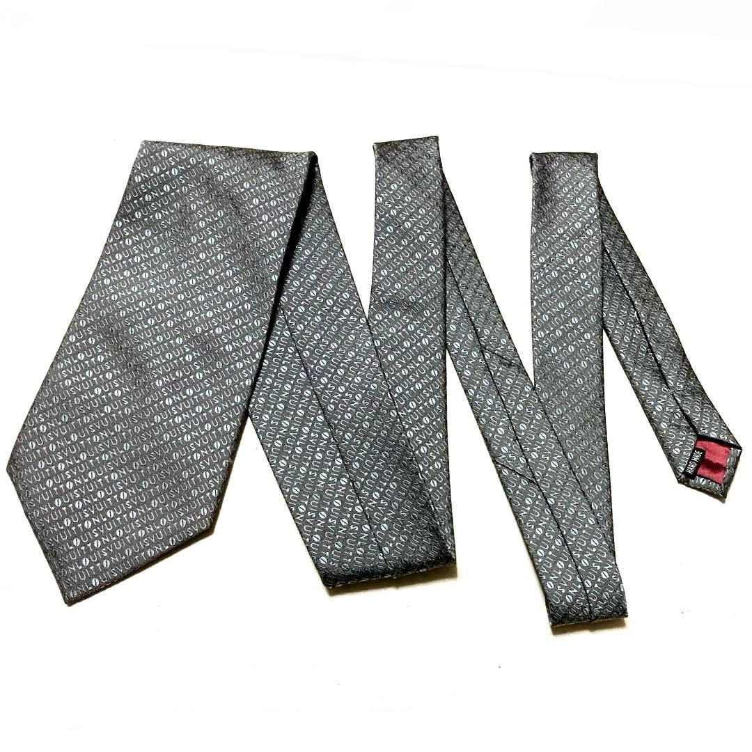 ルイヴィトン ジャガード 光沢 シルク100% グレー ロゴマニア ネクタイ