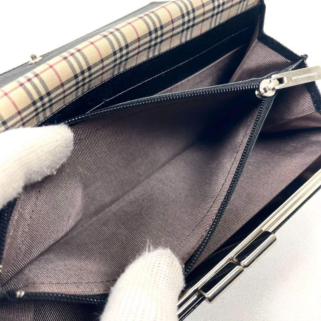 バーバリー　長財布　がま口　ロゴプレート　サフィアーノ　ノバチェック　ブラック