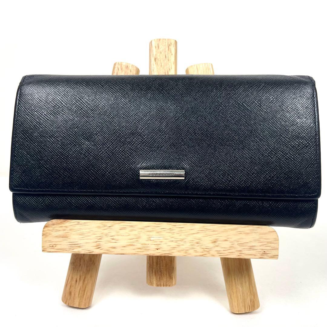 バーバリー　長財布　がま口　ロゴプレート　サフィアーノ　ノバチェック　ブラック