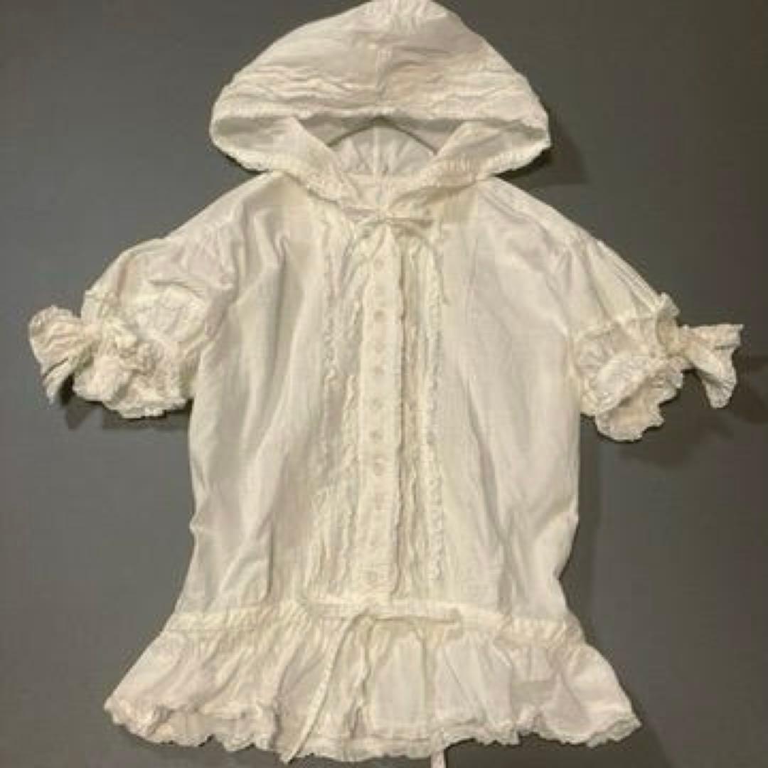 【希少】ピンクハウス　フード付き 半袖ブラウス コットン ピコフリル リボン 白
