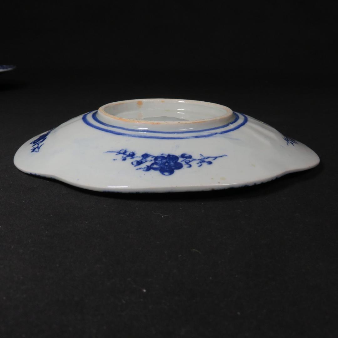 長丸皿 3枚 歪み 変形皿 花唐草 印判 染付 明治 大正