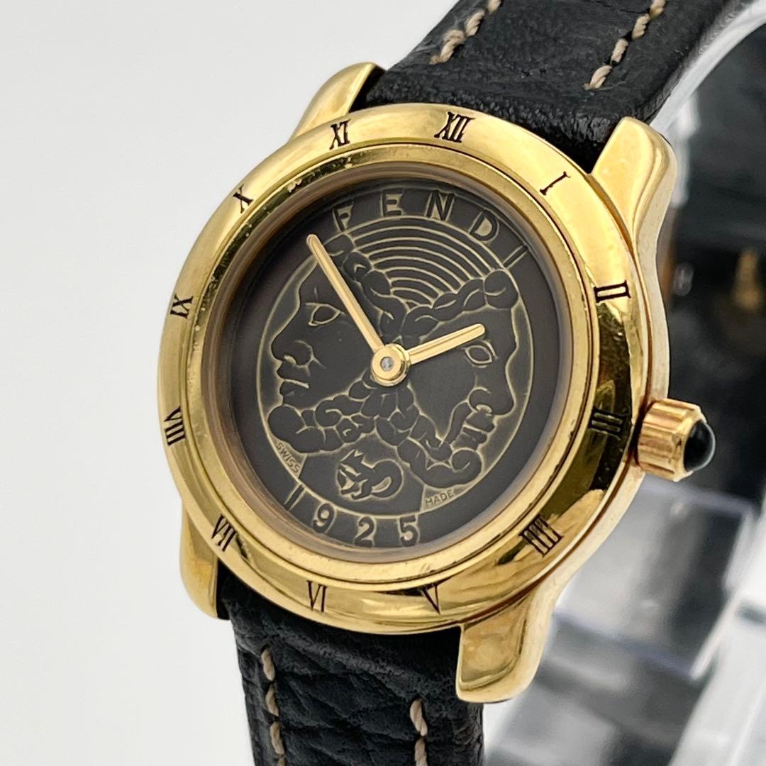 稼動 FENDI 800L ローマン ゴールドベゼル レザーベルト 腕時計