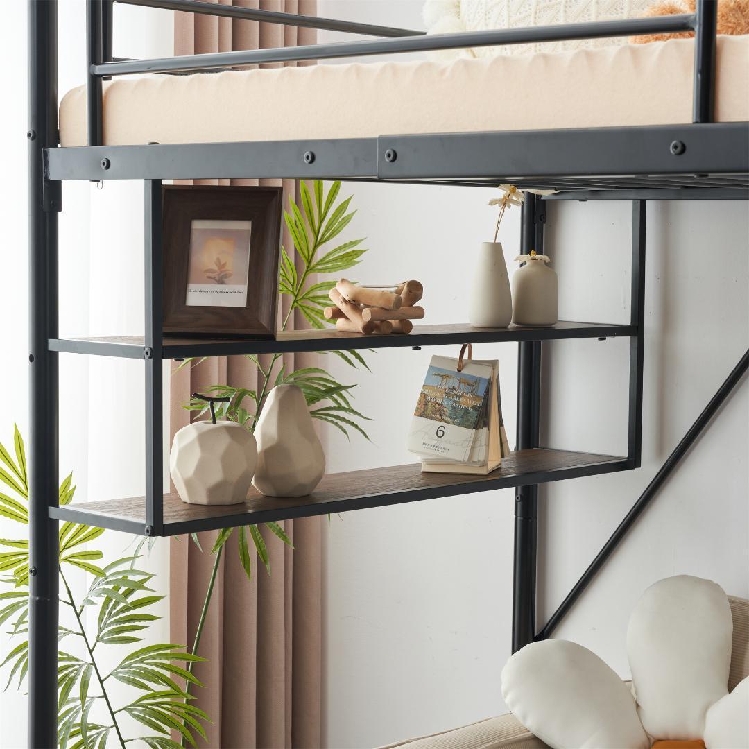 新作 ブラック　ロフトベッド 片側手すり付き 収納付き パイプベッド