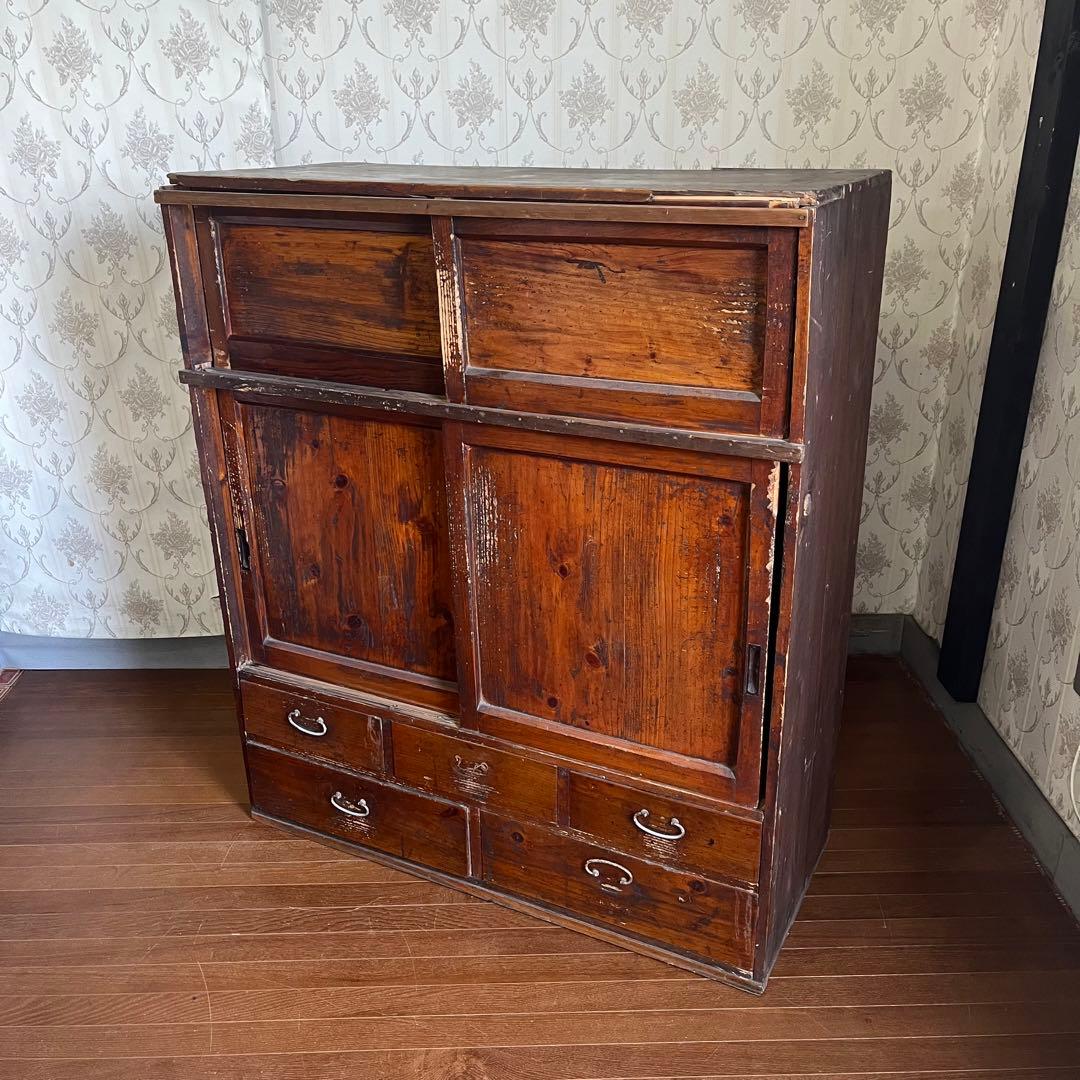 【ジャンク】昭和レトロ 木製 水屋箪笥 小箪笥 引き戸 引き出し 古民家 古家具