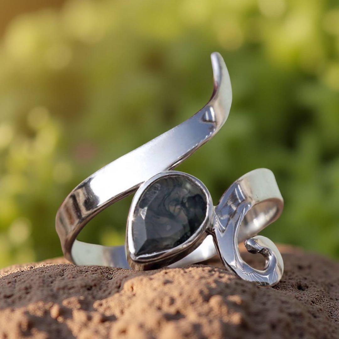 天然石リング、天然モスアゲート、シルバー925指輪、ハンドメイド
