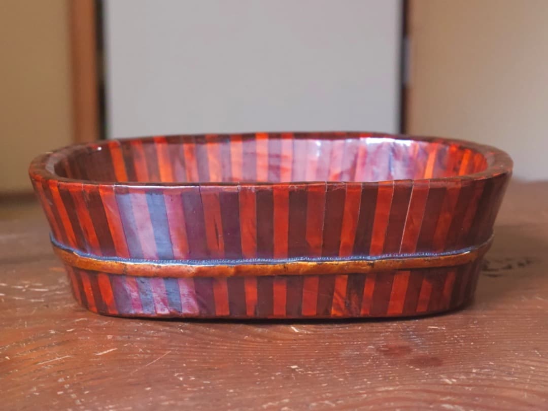 永泰祥造　唐木　寄木煙草盆　漆工芸　箱付　煙道具　茶道具Q2330