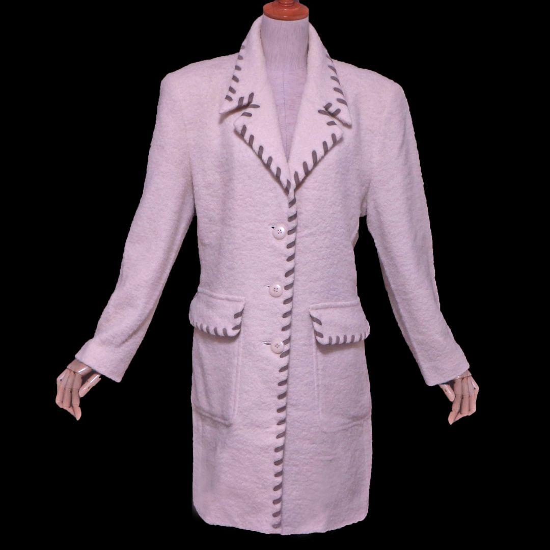 クリスチャンディオール レザーステッチトリム付 ウールブークレーニット コート