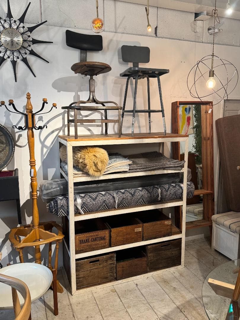 古材 オープンシェルフ アイアン スチールラック ヴィンテージ ホワイトペイント