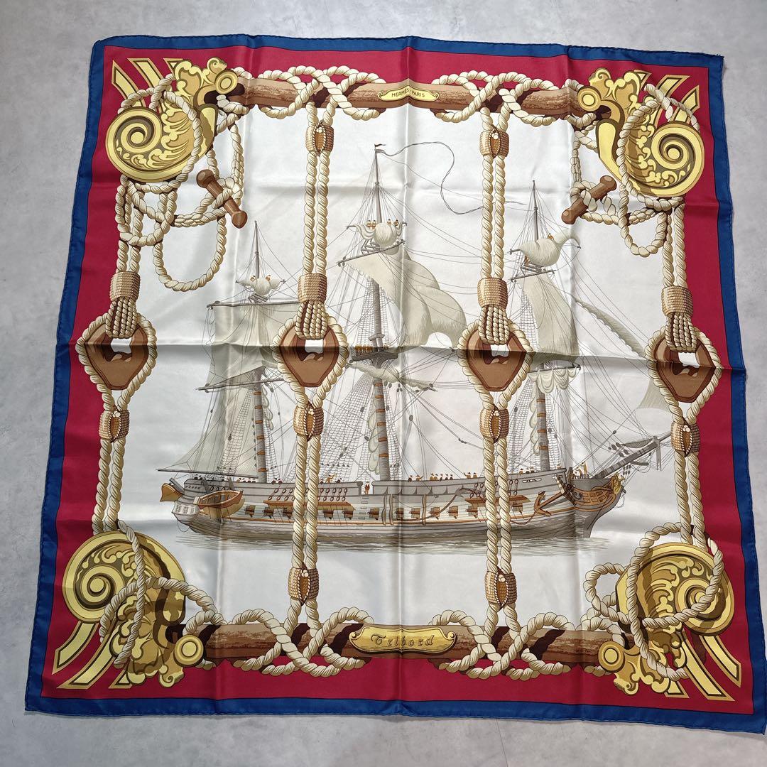 HERMES エルメス カレ90 スカーフ tribord 穂船 レッド系