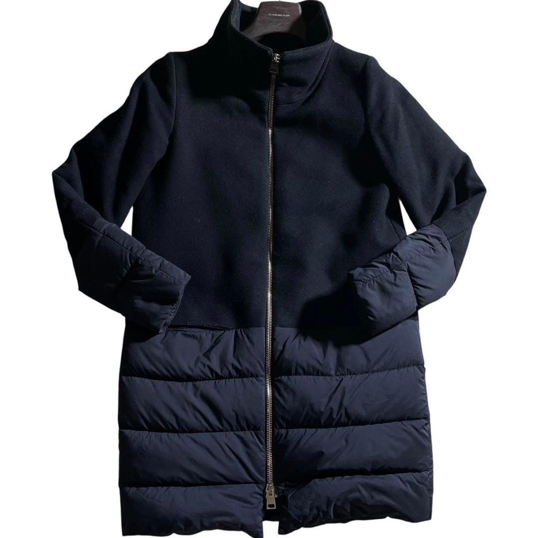①HERNO ヘルノ Aライン コンビダウンコート ネイビー系 レディース