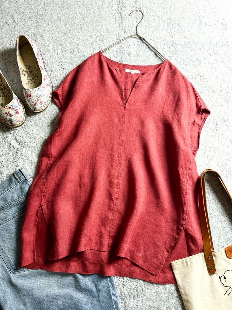 【23区】LIBECO 麻100% キーネックフレンチスリーブブラウス 赤 38