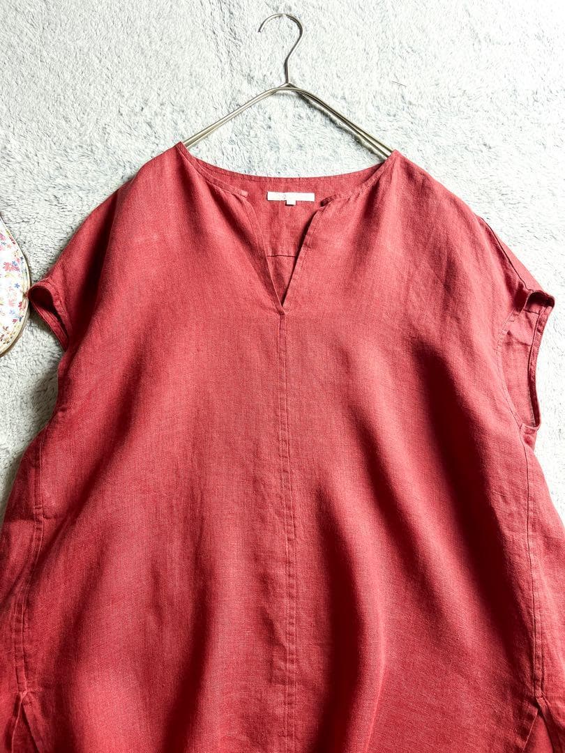 【23区】LIBECO 麻100% キーネックフレンチスリーブブラウス 赤 38