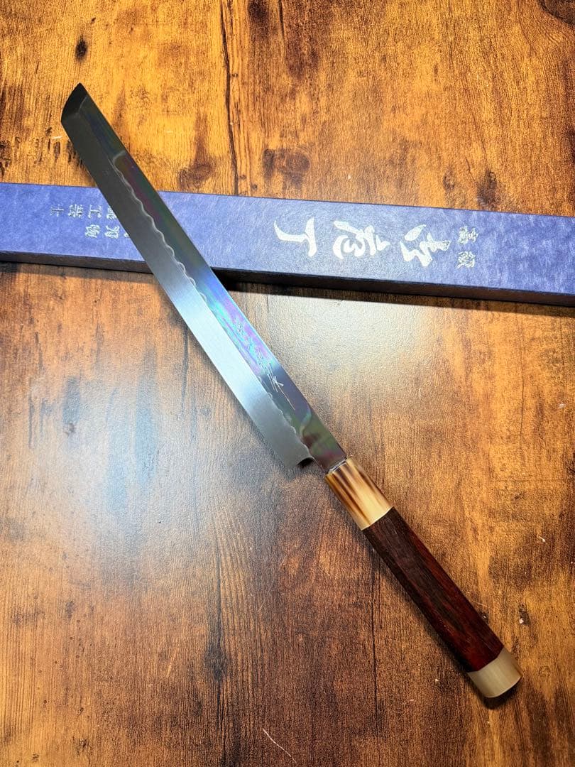 祥太郎作　左用　刺身 先丸　本焼　白鋼　9寸　鏡面　包丁　紫檀水牛八角柄