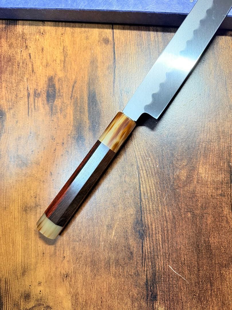 祥太郎作　左用　刺身 先丸　本焼　白鋼　9寸　鏡面　包丁　紫檀水牛八角柄