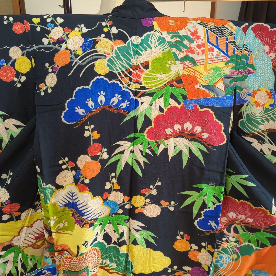 さ*）様 アンティーク　黒振袖　縮緬　５文　　比翼 共八掛　成人式　舞台