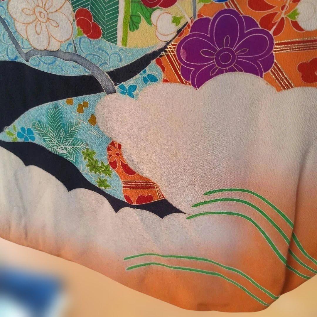 さ*）様 アンティーク　黒振袖　縮緬　５文　　比翼 共八掛　成人式　舞台