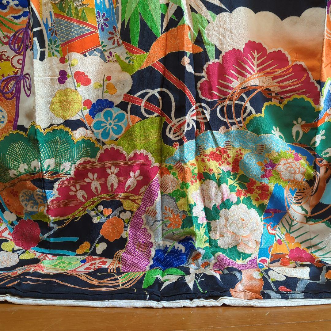 さ*）様 アンティーク　黒振袖　縮緬　５文　　比翼 共八掛　成人式　舞台