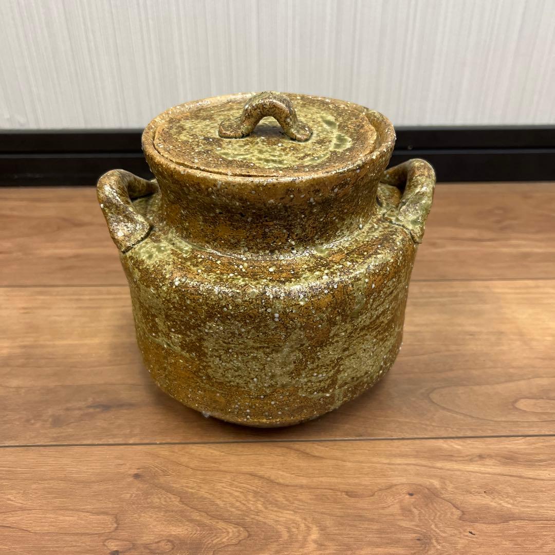 陶器製 蓋付き水差し 緑茶色