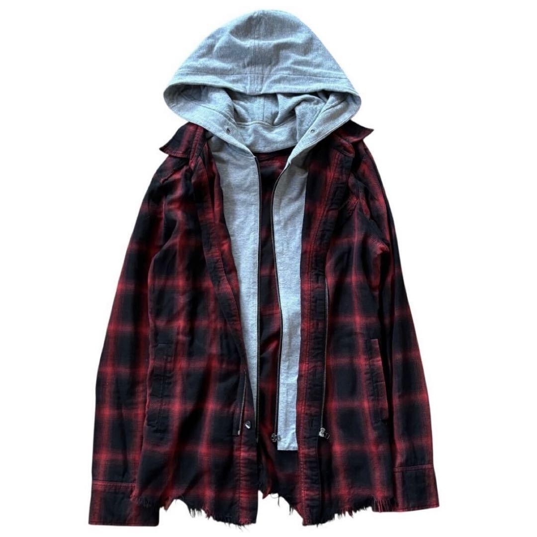 14th Addiction チェック柄 フード付き ダメージ加工 シャツ