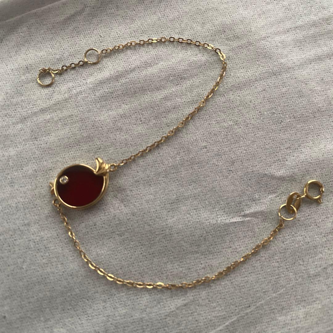 赤い幸せ鳥デザイン18kイエローゴールドブレスレット