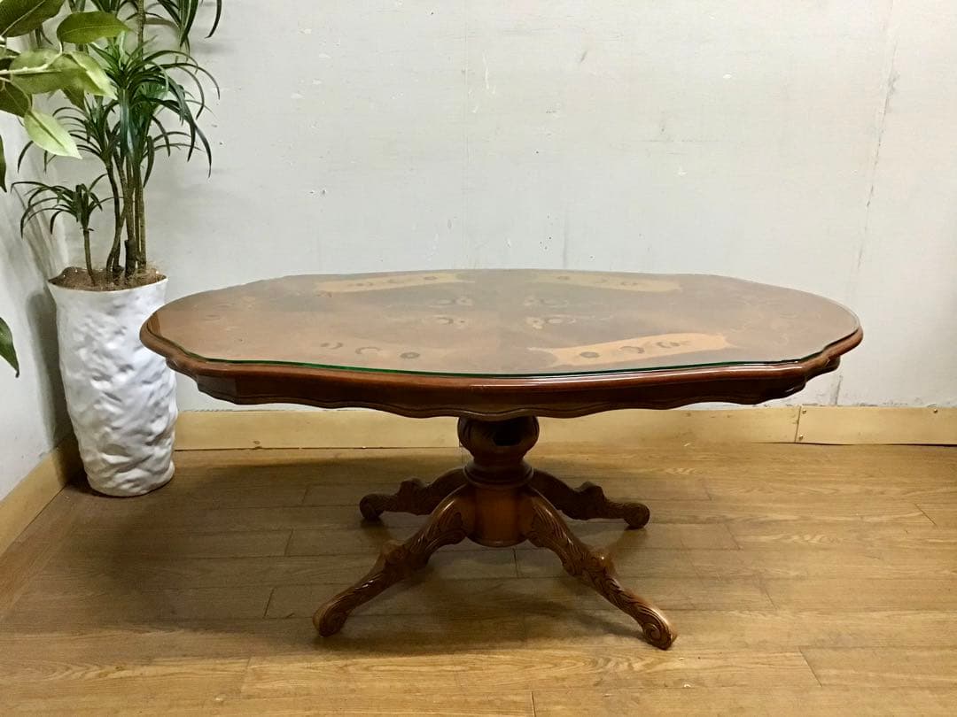 管289☆イタリア製☆アンティーク☆象嵌細工☆センターテーブル☆天板ガラス付き