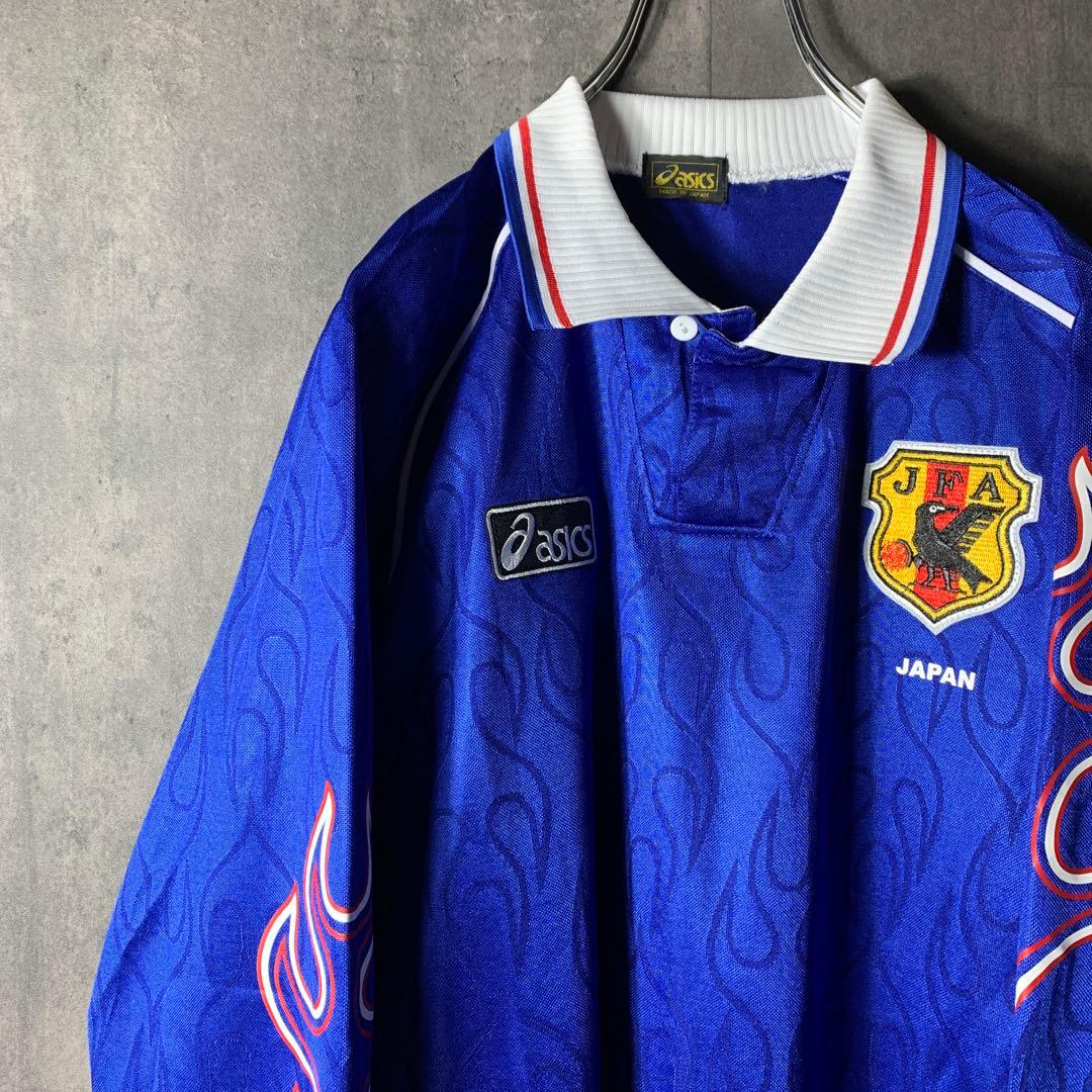 98年 サッカー 日本代表 ホーム 長袖 XL 炎 フランスW杯 ゲームシャツ
