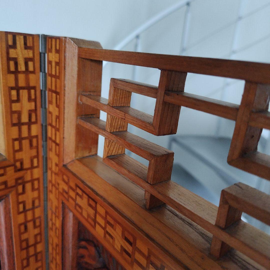 昭和レトロ当時物 美術骨董品 欅 木製衝立4面 水墨画 和モダン