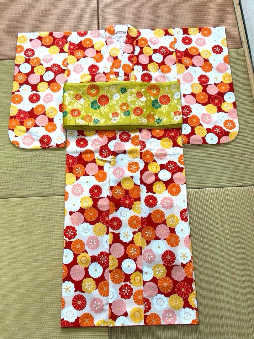 1/2成人花柄着物と緑色の帯