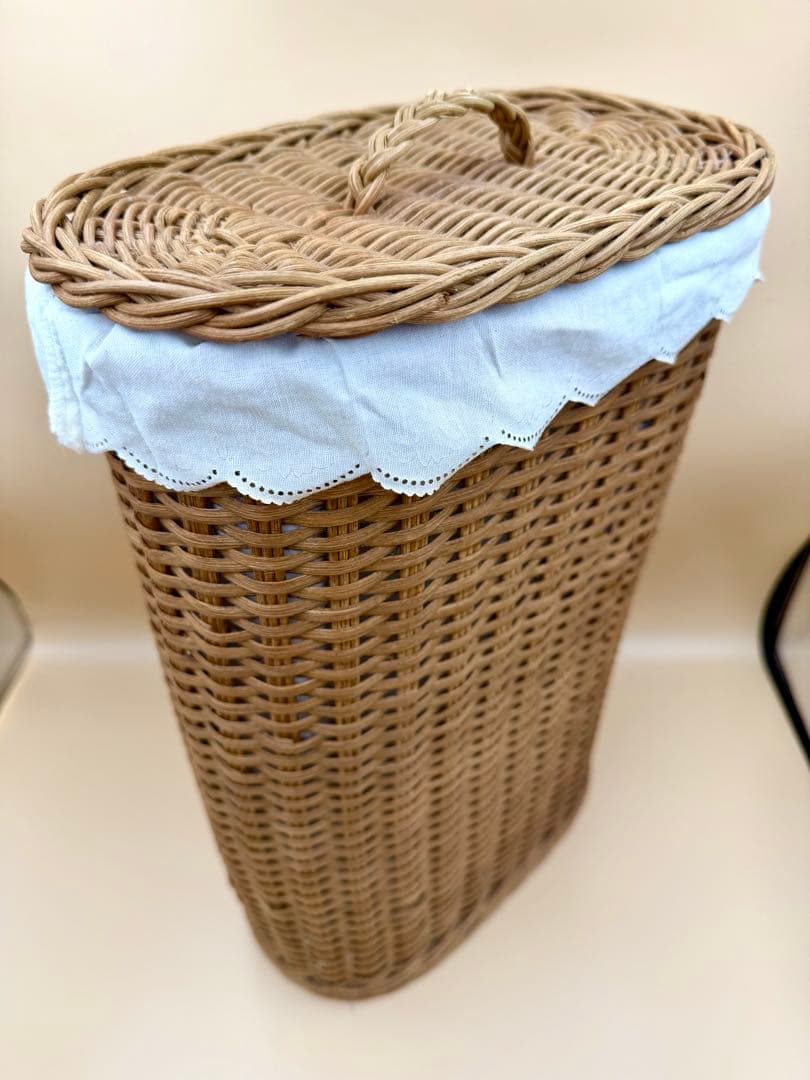 NY購入 ヴィンテージ ラタン バスケット 蓋付 内布 ランドリー 籠