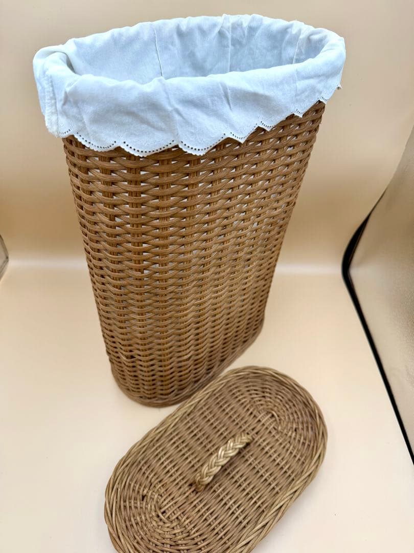 NY購入 ヴィンテージ ラタン バスケット 蓋付 内布 ランドリー 籠