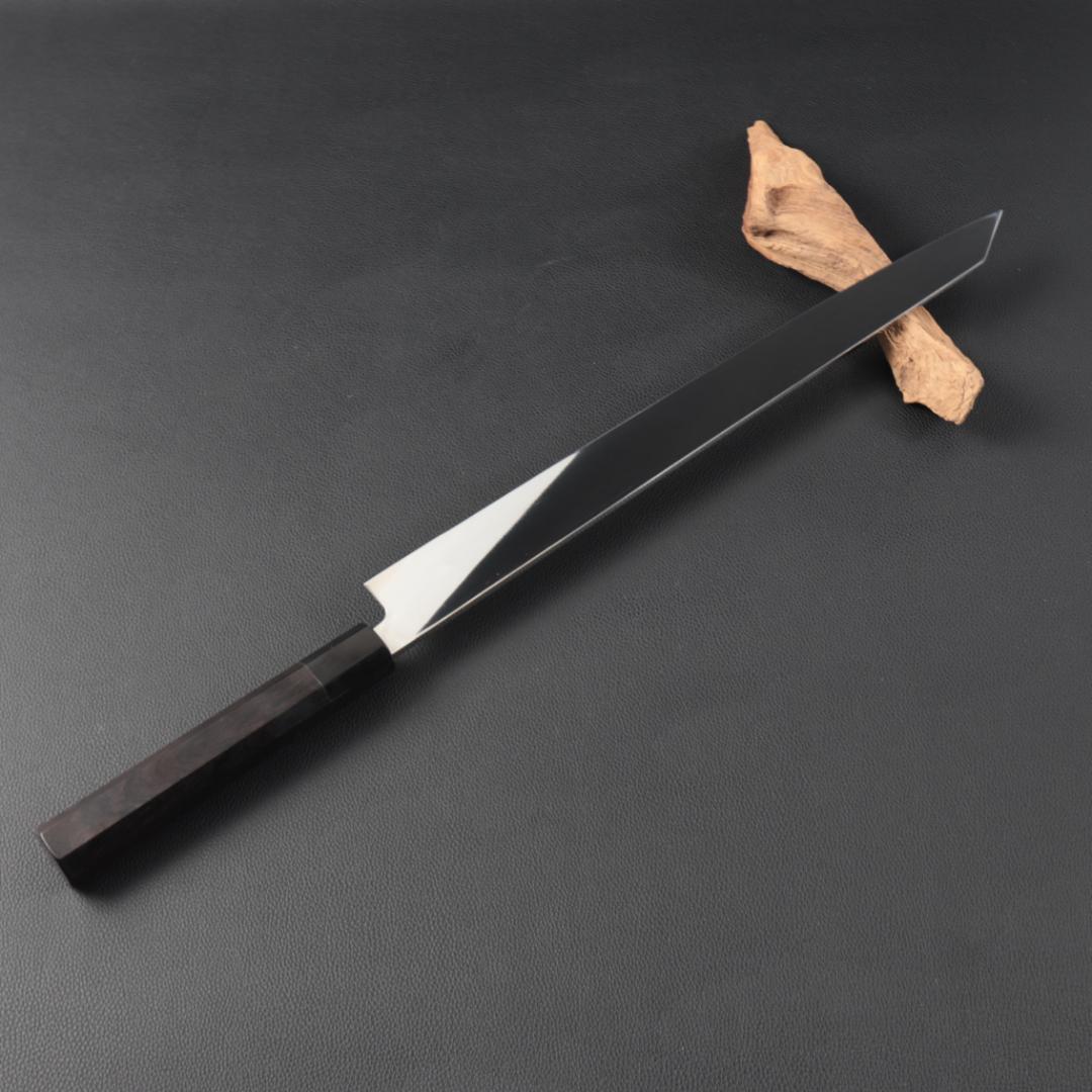 10825切付柳刃包丁 尺三刺身包丁鏡面仕上げ 刃は究極の切れ味黒檀黒水牛八角柄