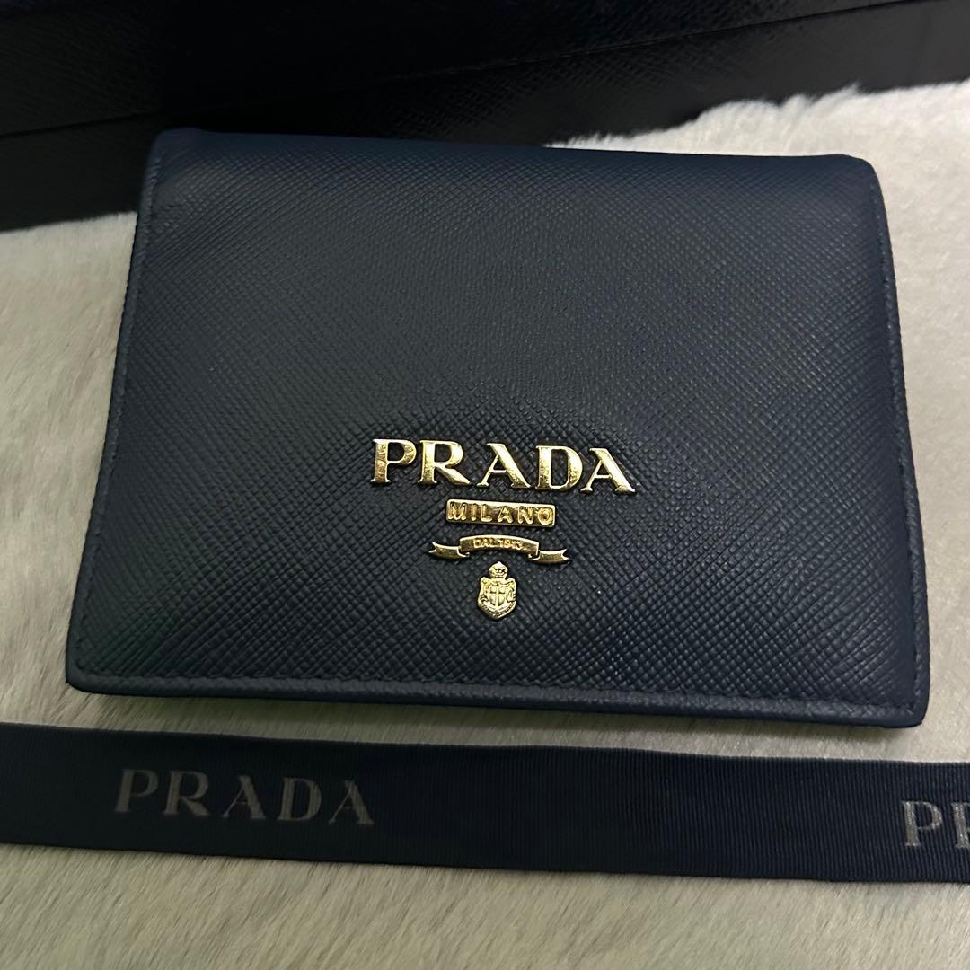 PRADA プラダ　折り財布　マルチカラー　ブルー　ロゴ金具　サフィアーノレザー