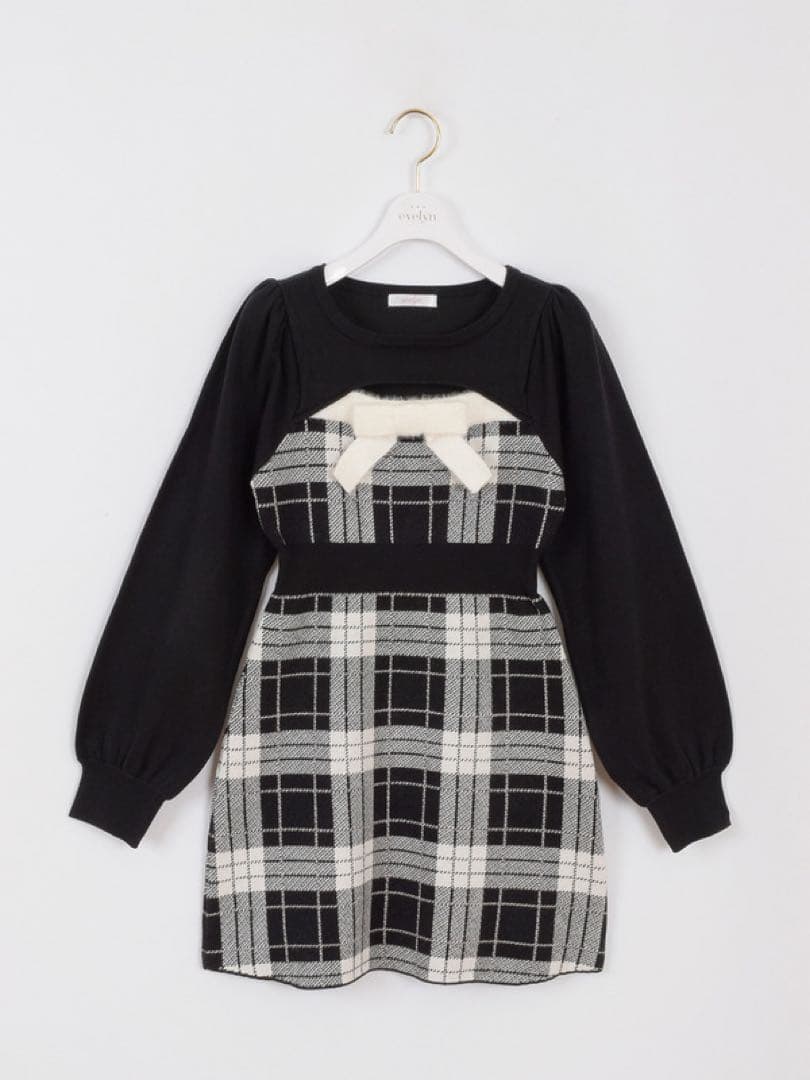 完売品 evelyn バストリボンチェックニットワンピース