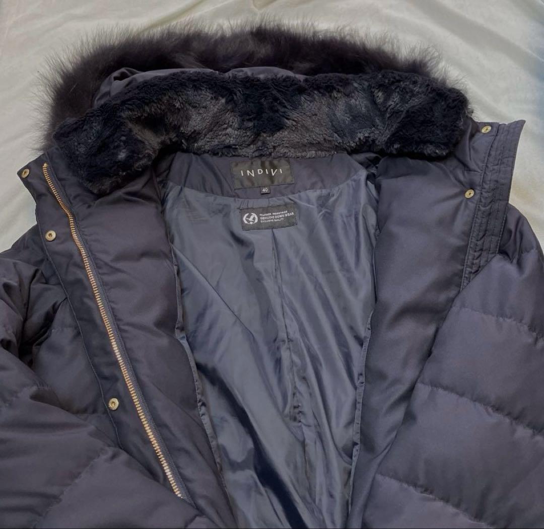 美品❣️ワールドINDIVIリアルファー付きフードダウンミドルコート／ネイビー