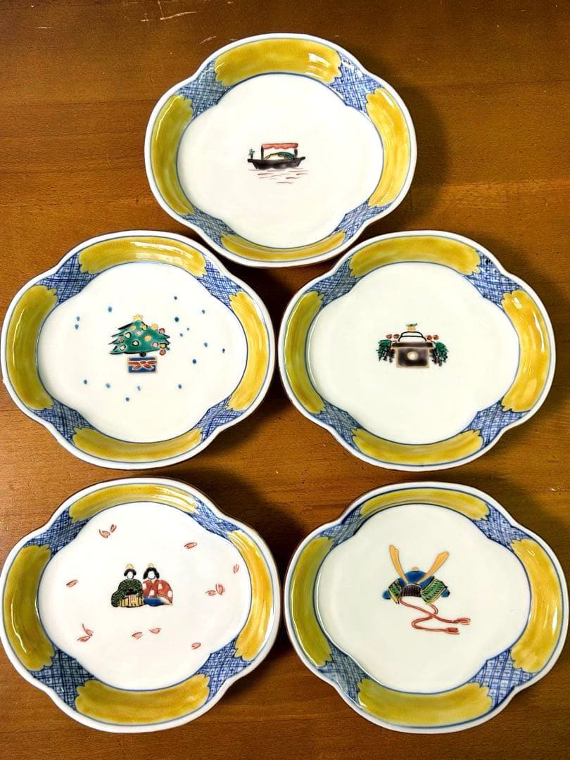 九谷焼 瑛生 文様木瓜皿(5絵柄5枚セット) 九谷美陶園