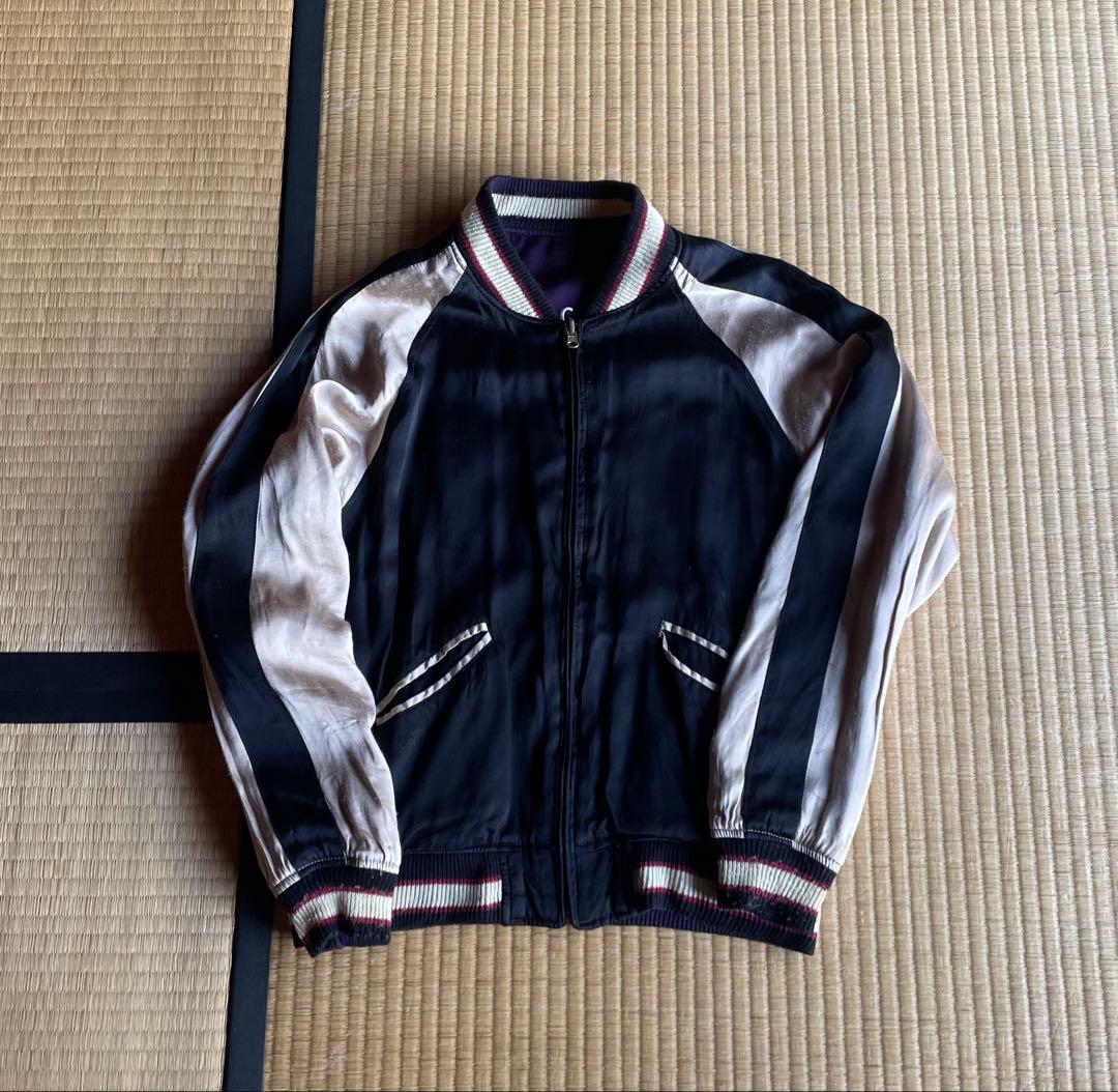 【雰囲気抜群】雅結　サテン地スカジャン　リバーシブル　紫　レーヨン綿　双龍鯉鷹