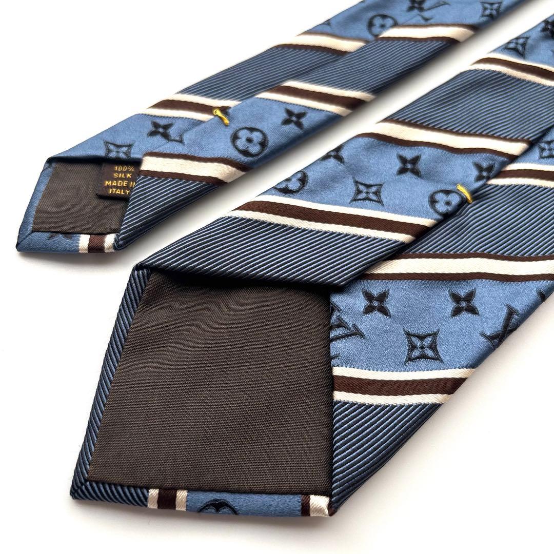 ꧁美品꧂ ルイヴィトン ネクタイ モノグラム LVロゴ ストライプ ブルー 光沢