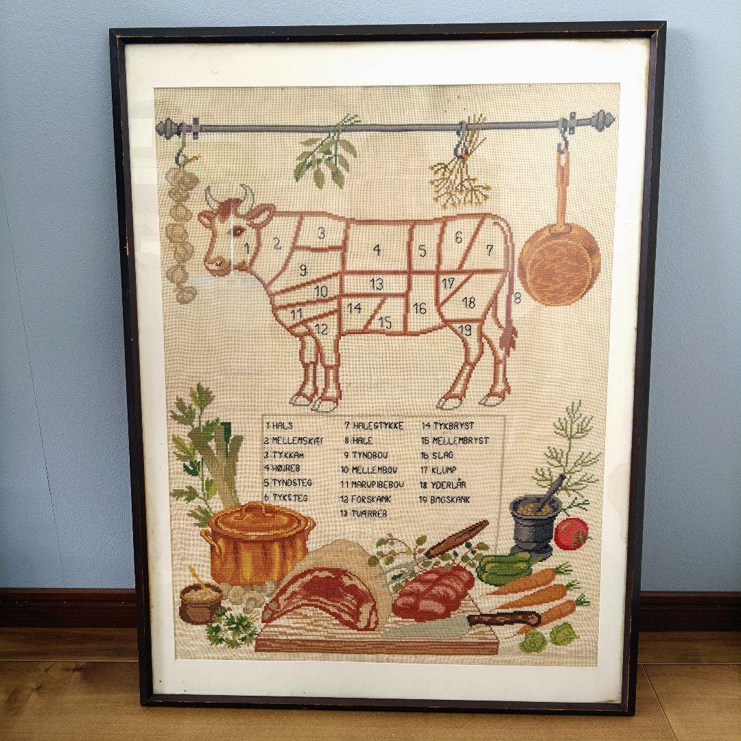 《値下げOK》​北欧 ビンテージ 刺繍フレーム 牛 カットチャート 額付