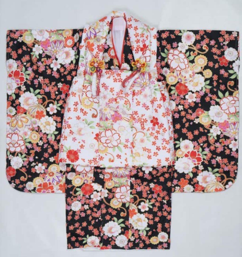 【再お値下中】【新品】祝着 三歳着物 ３歳 黒地 フルセット 高級化繊