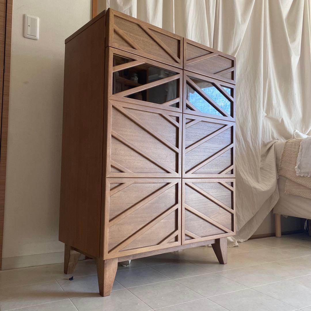 北欧　アンティーク　キャビネット　チェスト　格子　オーク　ガラス　脚付き　飾り棚